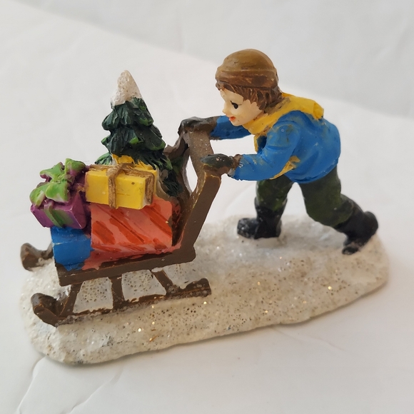 Boy Pushing Sled Gifts Christmas Village Figurine - Picture 2 of 8